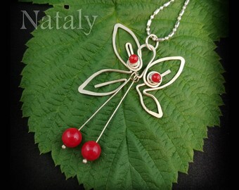 Wire Wrapped Pendant Necklace, Red Coral Necklace, Dainty Necklace Sterling Silver Delicate Necklace, Red Necklace, Butterfly Necklace