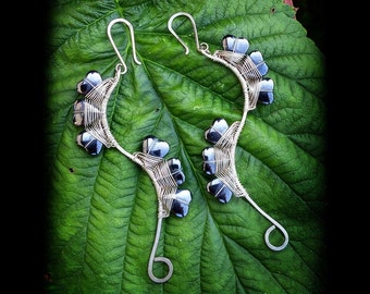 Hematite Earrings, Long Earrings, Sterling Silver Black Earrings, Wire Wrapped Earrings, Statement Earrings, Boho Earrings, Dangle Earrings