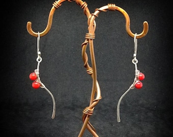 Red Coral Earrings, Minimalist Earrings, Wire Wrapped Earrings, Dangle Earrings, Dainty Earrings, Wave Earrings, Gemstone Earrings