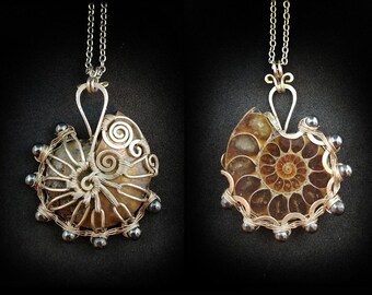 Wire Wrapped Pendant, Ammonite Pendant Necklace, Sterling Silver Ammonite Fossil Necklace, Jewelry, Gemstone Necklace for Women