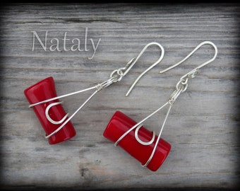 Red Coral Earrings, Long Red Earrings, Triangle Earrings Minimalist Earrings, Sterling Silver Wire Wrapped Earrings, Long Earrings