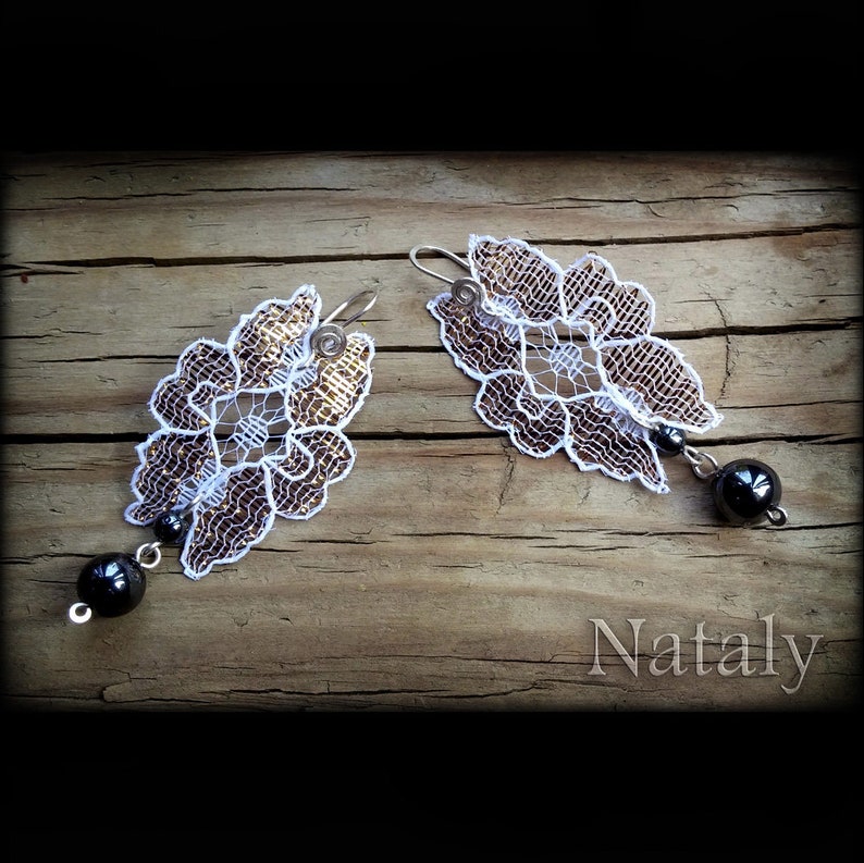 13th Anniversary Wedding Earrings Bridal Earrings Long Earrings Sterling Silver Statement Earrings Hematite Earrings Lace Earrings