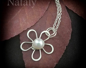 Einzelne Perle Halskette, Blumen-Halskette für Frauen, Sterling Silber Zierliche Halskette, Hochzeits-Halskette, Wire Wrapped Anhänger, Zarte Halskette