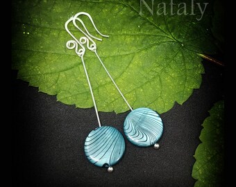 Blue Earrings, Mother of Pearl Earrings, Sterling Silver Bar Earrings, Minimalist Earrings, Geometric Earrings, Stick Earrings Long Earrings