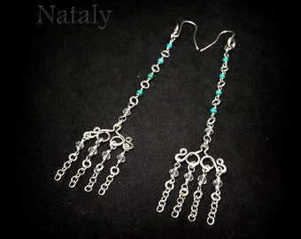 Chain Earrings, Long Earrings, Crystal Earrings, Turquoise Earrings, Tassel Earrings, Fringe Earrings, Sterling Silver Dangle Earrings