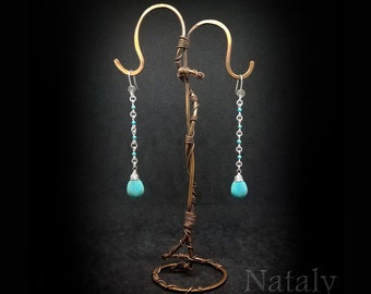 Boucles d'oreilles turquoise, boucles d'oreilles chaîne, boucles d'oreilles en forme de larme, boucles d'oreilles longues, boucles d'oreilles pendantes enroulées de fil, boucles d'oreilles bleu en argent sterling pour femme