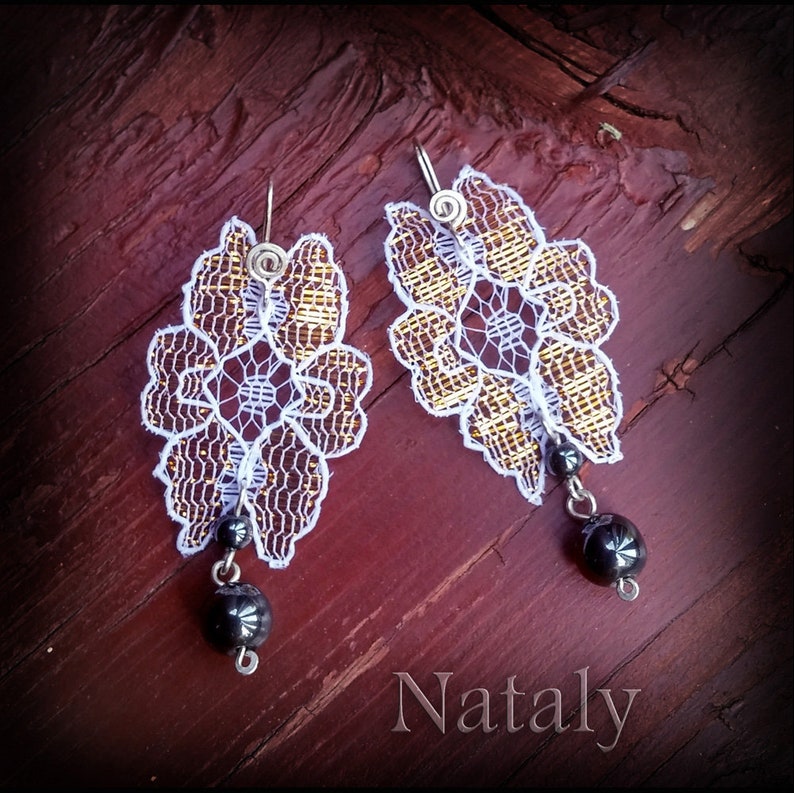 13th Anniversary Wedding Earrings Bridal Earrings Long Earrings Sterling Silver Statement Earrings Hematite Earrings Lace Earrings