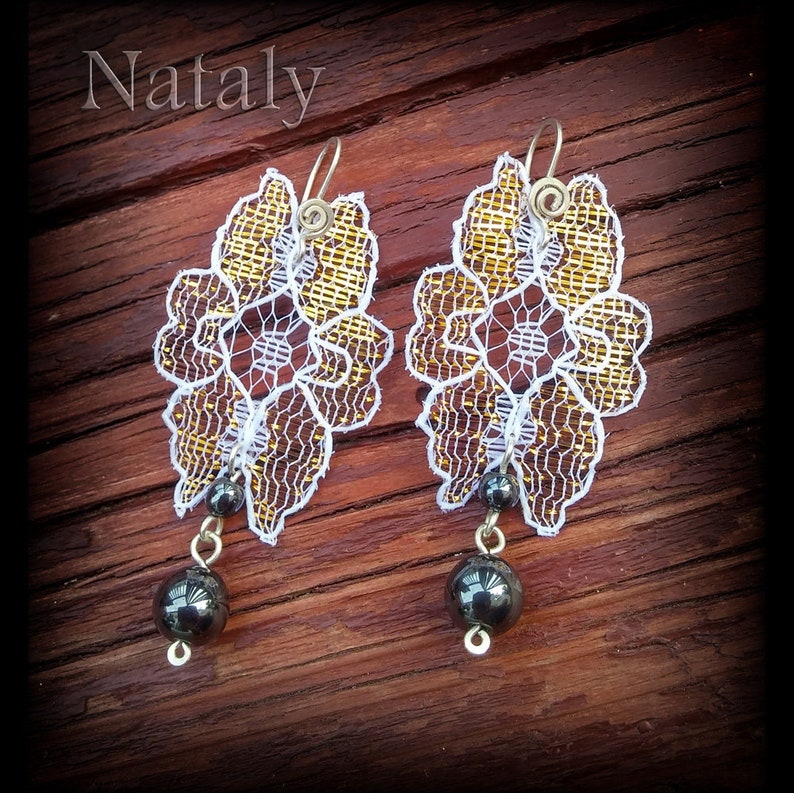 13th Anniversary Wedding Earrings Bridal Earrings Long Earrings Sterling Silver Statement Earrings Hematite Earrings Lace Earrings