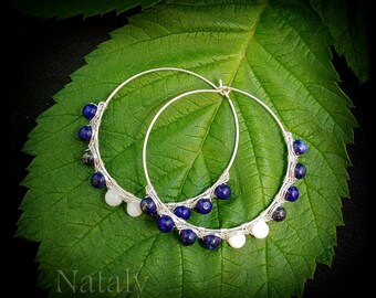 Gemstone Hoop Earrings, Lapis Lazuli Earrings, Sterling Silver Hoop Earrings, Wire Wrapped Earrings, Geometric Earrings, Gemstone Earrings
