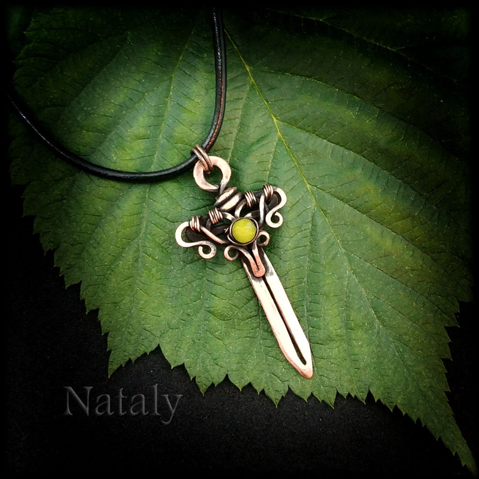 Sword Pendant, Sword Necklace, Peridot Necklace, Wire Wrapped Pendant