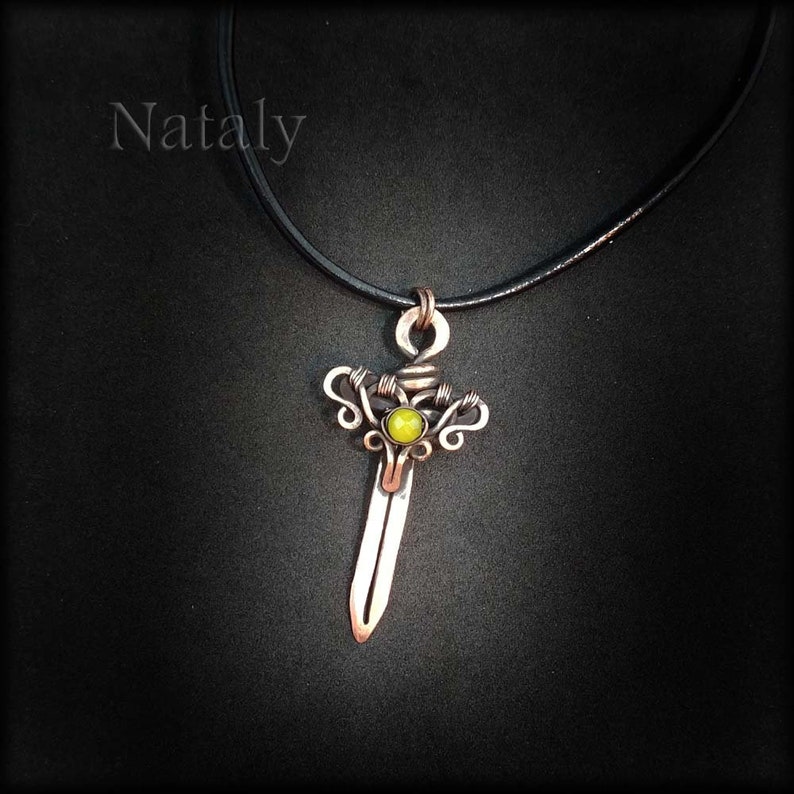 Sword Pendant, Sword Necklace, Peridot Necklace, Wire Wrapped Pendant