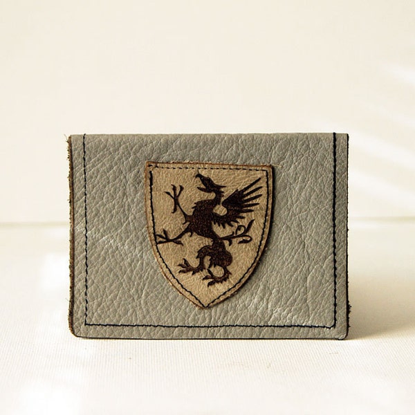 men's leather wallet / card case - "a gentleman and a scholar" : grey gryphon crest on grey upcycled leather