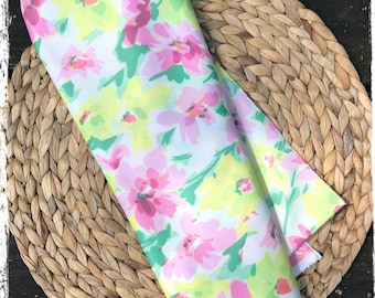 Vintage Polyester Knit Scrap Pink Yellow Flowers 25” x 72”LittlePinkTrailer
