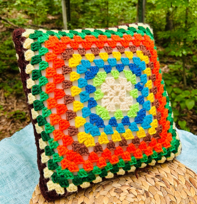 Vintage Granny Square Crochet Pillow Ready to Ship Littlepinktrailer image 5