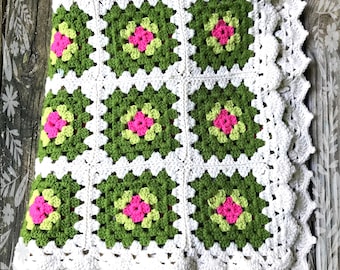 Vintage Crochet Afghan Pink Olive Cream LittlePinkTrailer
