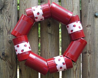 Cantastic Red Wreath made from Recycled Cans and Pink Lady Bug Ribbon Wreath - Metal Wreath - Can Wreath