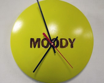 Mellow Yellow MOODY Wall Clock from Recycled Hubcap - Teen - Boss Gift - Yellow Clock - Back to School - Dorm Decor