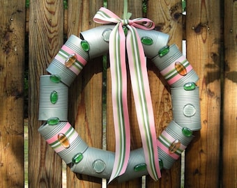 Cantastic Gray Wreath from Recycled Cans - Door Wreath - Pink and Green Ribbon