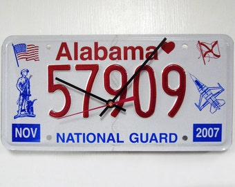 Alabama Wall Clock - National Guard License Plate - Recycled AL License Tag - Patriotic 4th July - Bar Wall Decor - State Wall Art - Travel