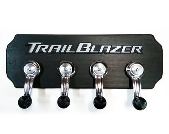 Chevy Trailblazer Wood Hat Rack - Chevrolet Wall Coat Rack with 4 Chrome Car Handles - Wall Hooks - Garage Decor - Christmas Gift for Him