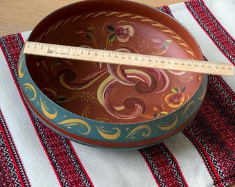 Large Rosepainted Wooden Bowl, Handpainted, Norwegian Folk Art, Home Decoration, Fruit Bowl, Vintage Rosemaling