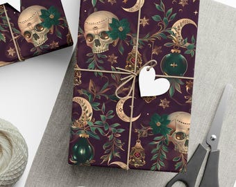 Gothic Christmas Wrapping Paper | Gothic Gift Wrap Papers for Dark Aesthetic |Skull, Moon and Ornament Wrapping Paper | Dark Occult Xmas