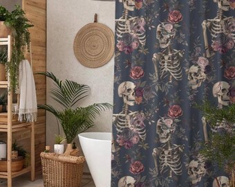 Cortina de ducha con esqueleto gótico / Decoración de baño floral oscura con calaveras y rosas / Estilo de hogar alternativo, ocultista y brujero