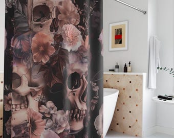 Dark Floral Skull Shower Curtain | Gothic Romantic Bathroom Decor | Boho Macabre Art | Spooky Aesthetic Bath | Creepy Chic Home