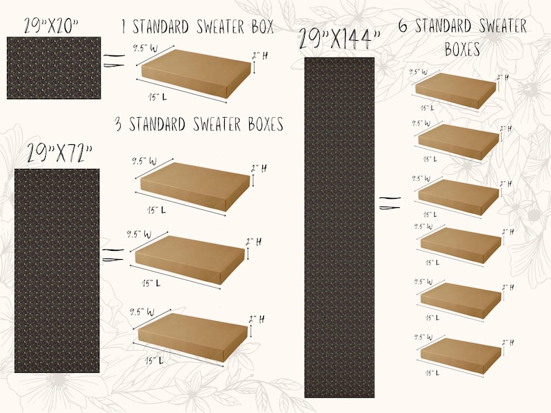May include: Diagram showing the dimensions of brown sweater boxes. The image includes measurements in inches for the boxes and the equivalent area of the boxes. The text includes the words "standard sweater box" and the dimensions of the boxes.