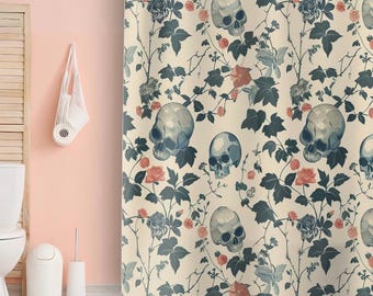 Douchegordijn met gotische bloemenschedel, stijlvol badkamerdecor, vintage geïnspireerd, uniek cadeau voor halloweenliefhebbers, spookachtig decor