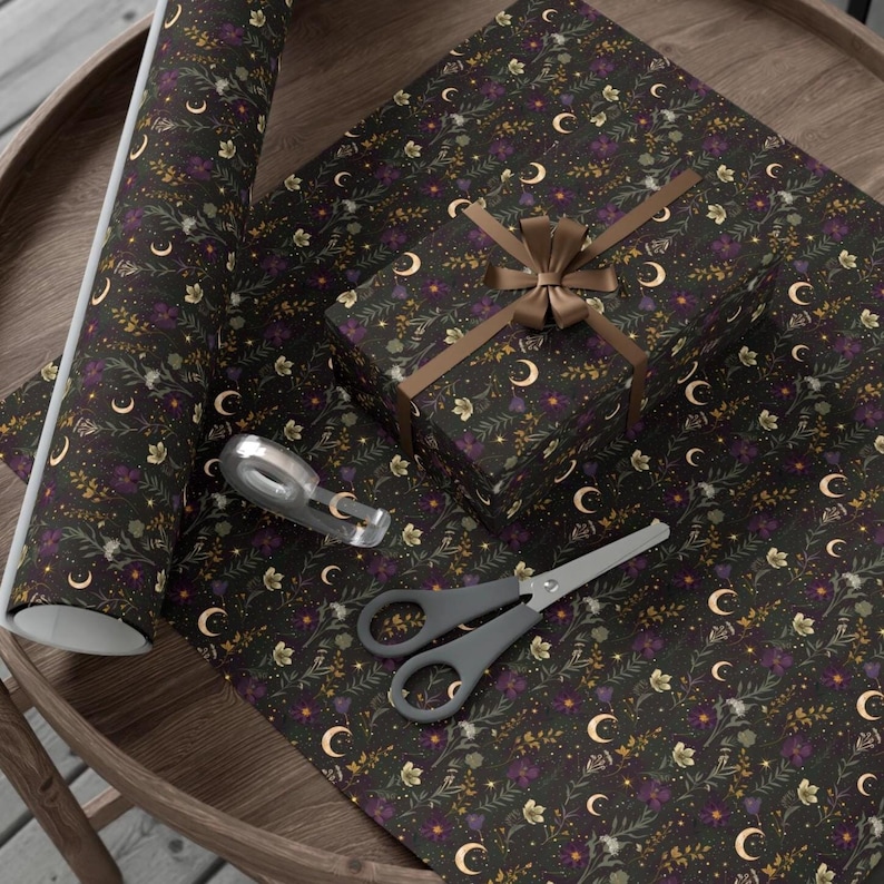 Celestial Floral Wrapping Paper | Moon and Stars Gift Wrap | Witchy Botanical Packaging | Occult Wrapping Paper image 2