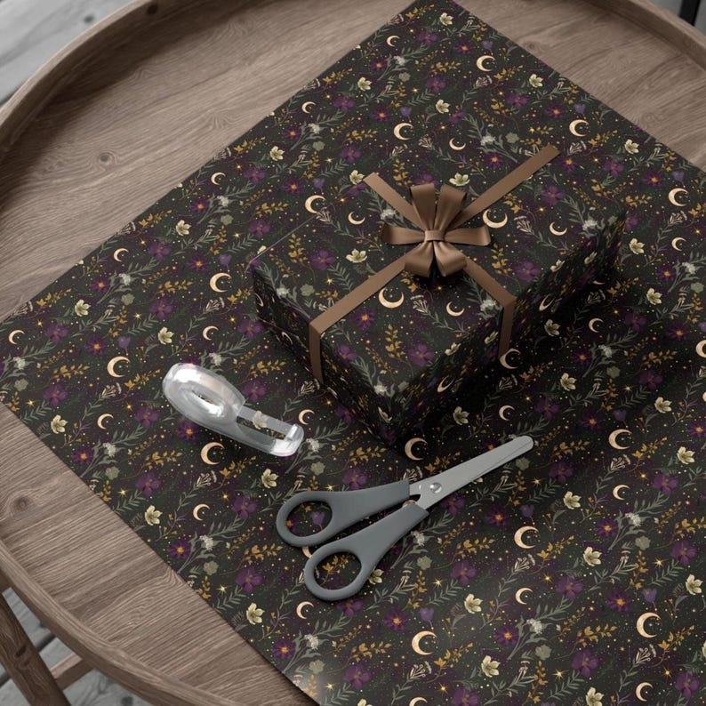 Celestial Floral Wrapping Paper | Moon and Stars Gift Wrap | Witchy Botanical Packaging | Occult Wrapping Paper image 8