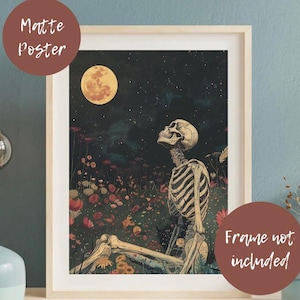 Skeleton Stargazing in the Meadow Wall Art | Macabre Celestial Night Sky Print | Dark Floral Witchy Home Decor | Skeleton Art | Gothic Decor