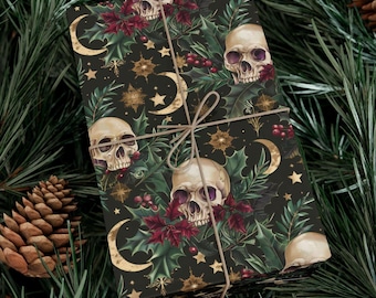 Gothic Skull and Moon Wrapping Paper | Dark Floral Celestial Gift Wrap | Witchy Occult Christmas Paper | Alternative Holiday Packaging