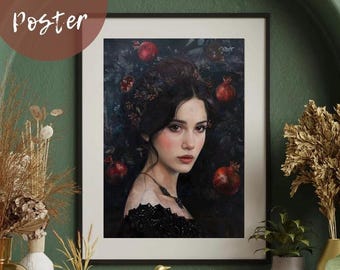 Persephone-godinkunst | Gotisch-romantische poster | Mythologische kunst | Granaatappelkunst | Griekse mythe | Godin van de lente | Koningin van de onderwereld