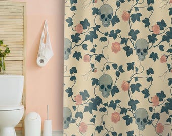 Bohemian Skull Shower Curtain, Goth Style Bath Decor, Bathroom Accessory, Vintage Vibe, Flower Skull Curtain, Dark Cottagecore