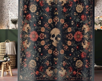 Gotisch schedel bloemen douchegordijn | Donker boho badkamerdecor | Vintage botanische skeletkunst | Donkere cottagecore | Badkamer met skelet