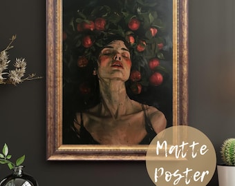 Persephone Griekse godin kunst aan de muur | Mat verticale posters | Granaatappelkroon | Koningin van de onderwereld | Griekse mythologie | Donker bloemen
