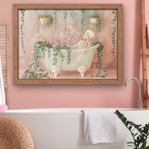 Skeleton in a Bath Horizontal Matte Posters | Whimsical Vintage Style Botanical Clawfoot Tub | Surreal Bubble Bath | Pastel Goth | Self Care