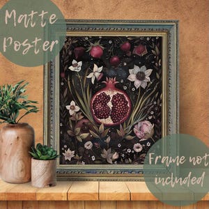 Pomegranate and Lush Florals Vertical Matte Poster | Pomegranate Offering | Persephone | Celestial Botanical | Cottagecore | Greek Myths