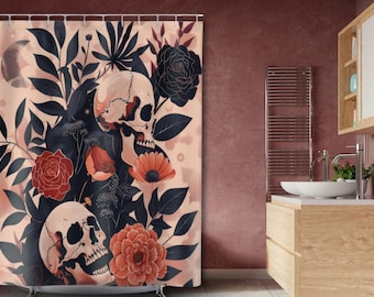 Gotisch schedel bloemen douchegordijn | Maan en roos badkamerdecoratie | Donker romantisch skeletgordijn | Witchy Occult Home-kunst