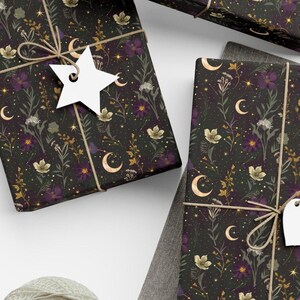 Celestial Floral Wrapping Paper | Moon and Stars Gift Wrap | Witchy Botanical Packaging | Occult Wrapping Paper image 3