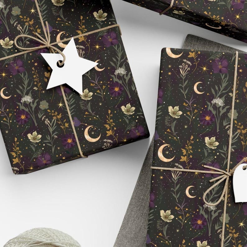 Celestial Floral Wrapping Paper | Moon and Stars Gift Wrap | Witchy Botanical Packaging | Occult Wrapping Paper image 3