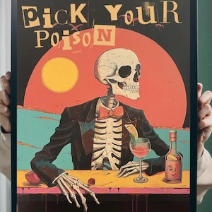 Skeleton Bar Decor Matte Poster, Pick Your Poison, Vintage Home Decor, Retro Wall Print, Halloween Bar Cart Decor, Skeleton Bartender