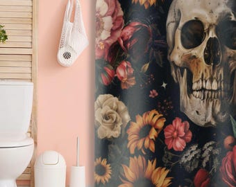 Floral Skull Shower Curtain | Gothic Sunflower and Rose Bathroom Decor | Bohemian Style | Halloween Decoration | Dark Romance Skull Curtain