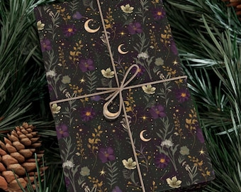 Papel de regalo floral celestial / Papel de regalo con luna y estrellas / Embalaje botánico de brujas / Papel de regalo ocultista