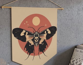 Deaths Head Moth Wall Banner | Gothic Insent Tapestry | Dark Academia Wall Hanging | Boho Aesthetic | Boho Macabre | Occult Moth Art Pennant