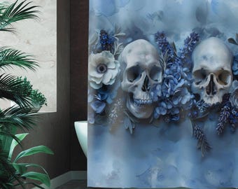 Blauw douchegordijn met schedel en bloemen | Gotische badkamerdecoratie | Alternatieve occulte thuisesthetiek | Donker romantisch skeletgordijn