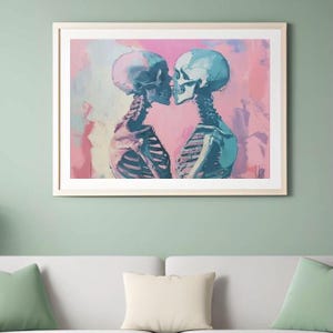 Skeleton Couple Kissing Horizontal Matte Poster l Gothic Pastel l Pastel Halloween l Cottagecore l Dark Academia Valentine | Love Art