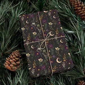 Celestial Floral Wrapping Paper | Moon and Stars Gift Wrap | Witchy Botanical Packaging | Occult Wrapping Paper image 9